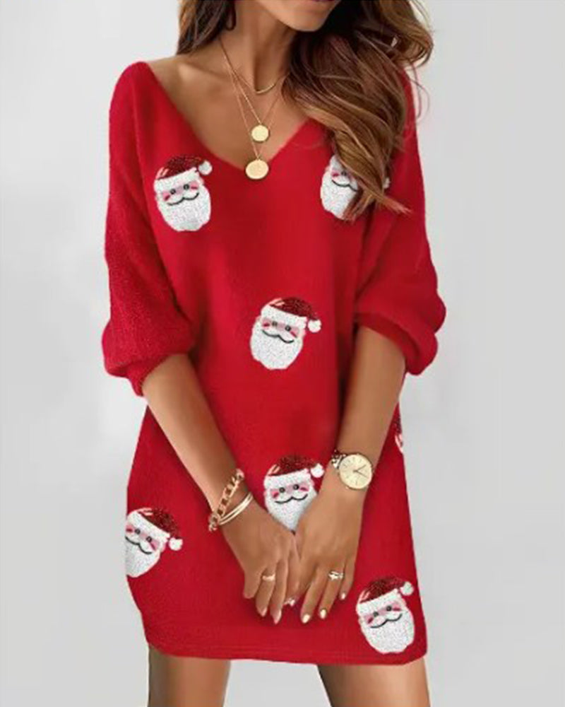 Women's red Christmas sweater dress with Santa print, perfect for holiday fashion and festive winter casual wear