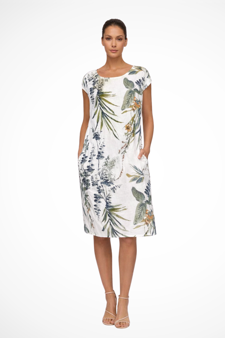Women's relaxed fit botanical print summer dress. Effortless comfort for warm days.