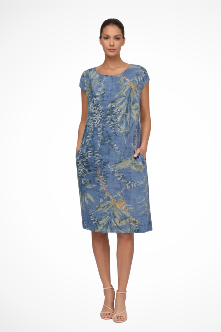 Comfortable relaxed fit women's summer dress with vibrant botanical print and pockets.