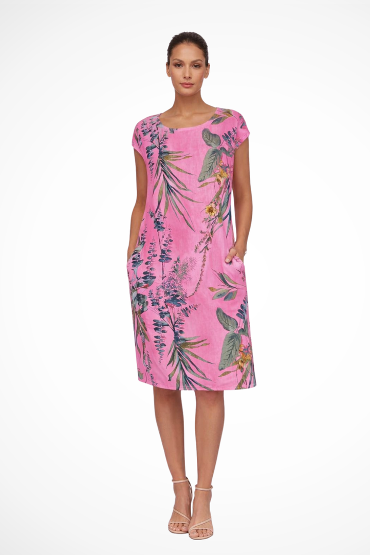 Elegant women's botanical print summer dress, relaxed fit, sleeveless, perfect for warm days.