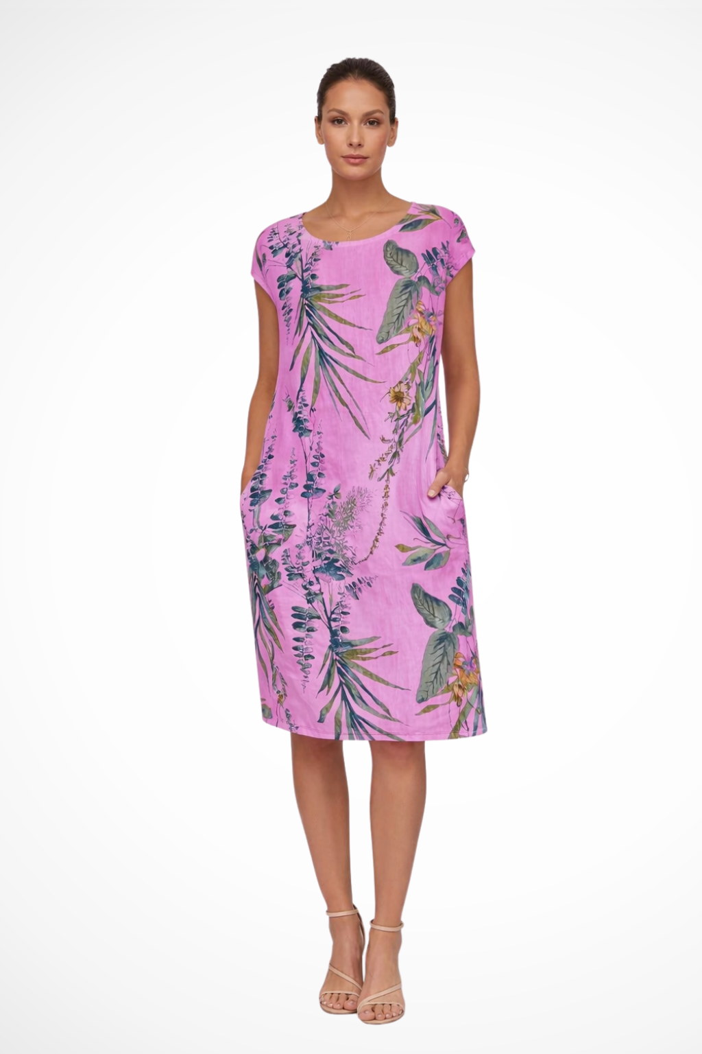 Vibrant botanical print women's relaxed fit dress, a comfortable sleeveless summer style.