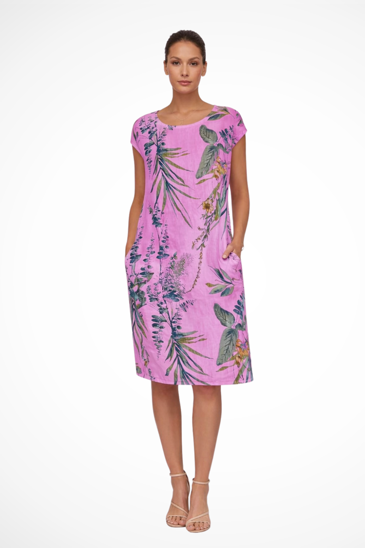 Vibrant botanical print women's relaxed fit dress, a comfortable sleeveless summer style.