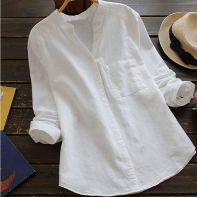 Women's relaxed fit button-down blouse in white, perfect for casual summer wear