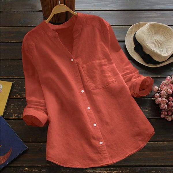Lightweight blue women's relaxed fit button-down shirt blouse, comfortable and versatile