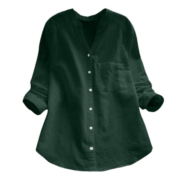 Front view of a women's relaxed fit denim button-down shirt blouse, casual and stylish