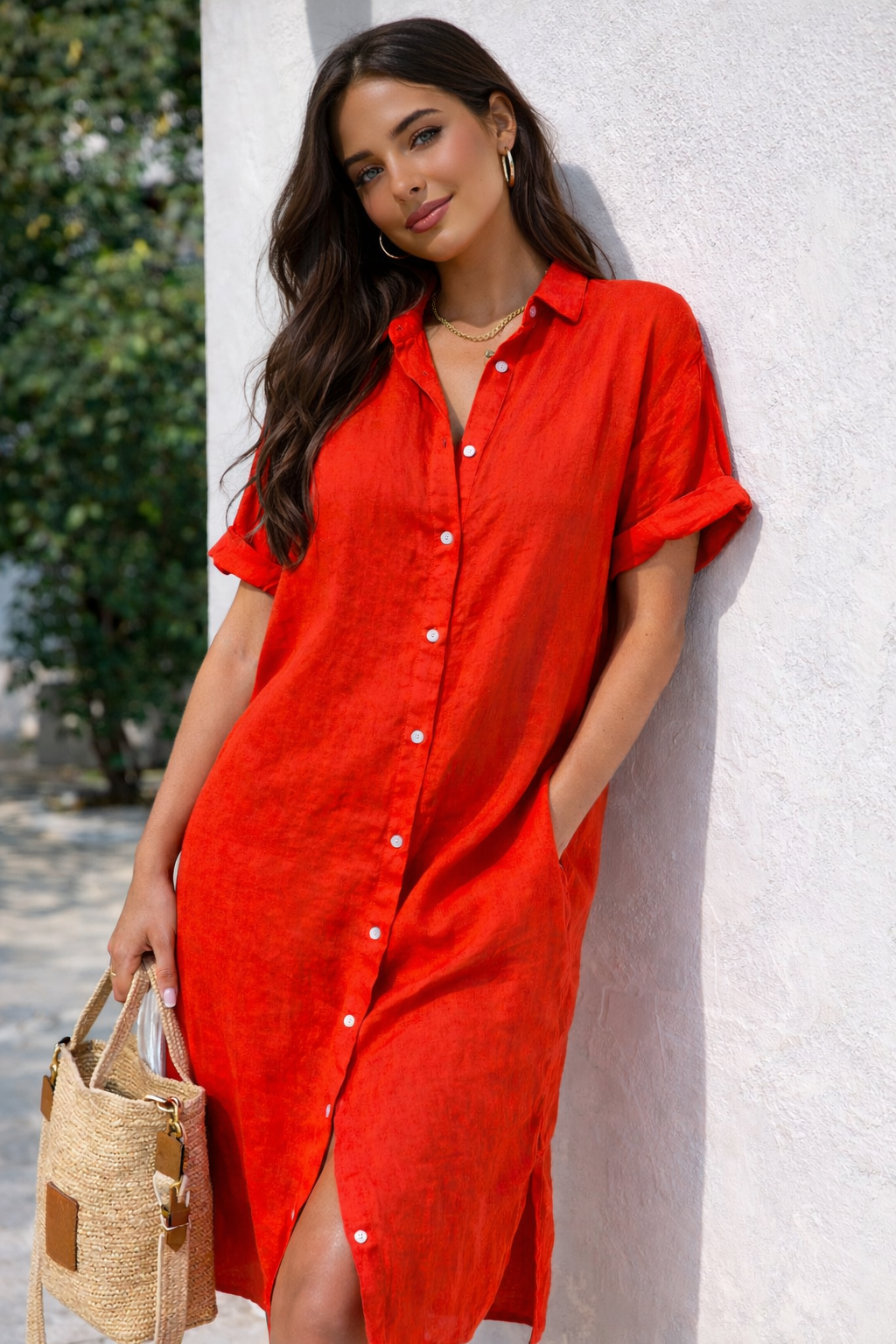 Women's relaxed fit button front shirt dress, perfect for summer casual wear. Midi length day dress.