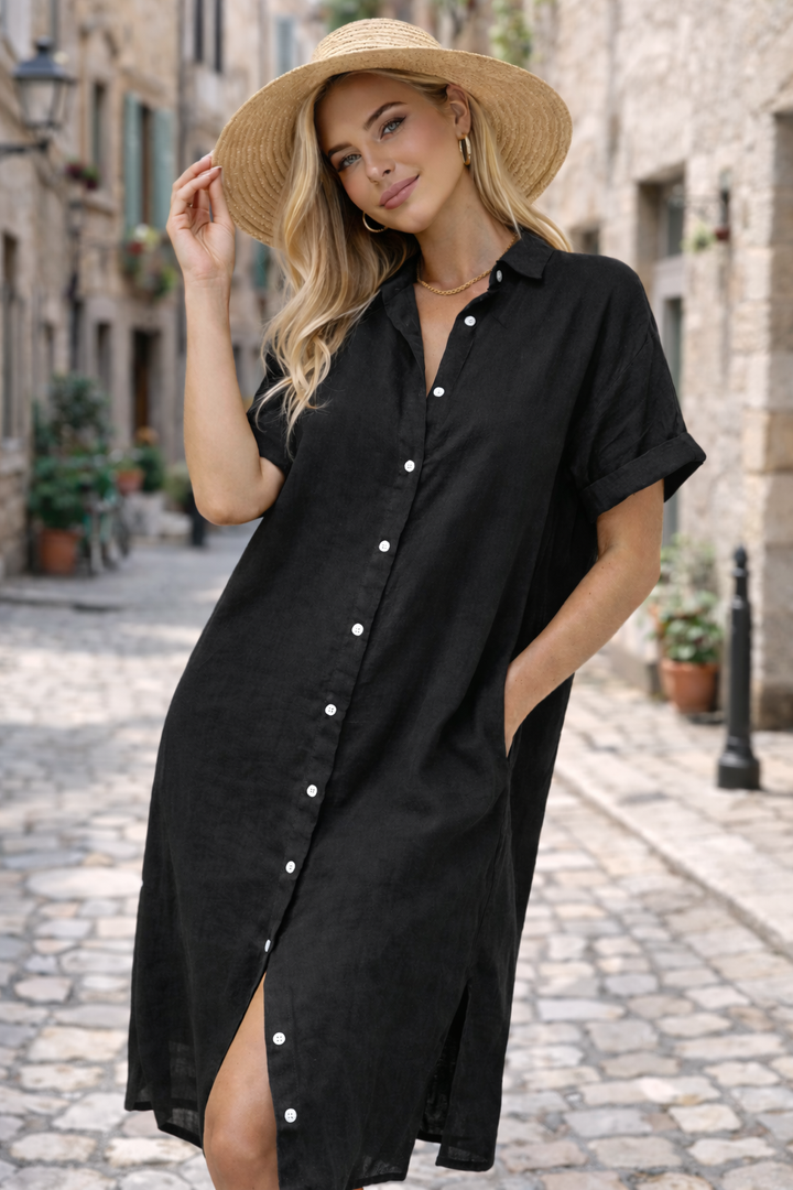 Stylish women's button-front shirt dress in a relaxed summer fit. Versatile casual midi dress.