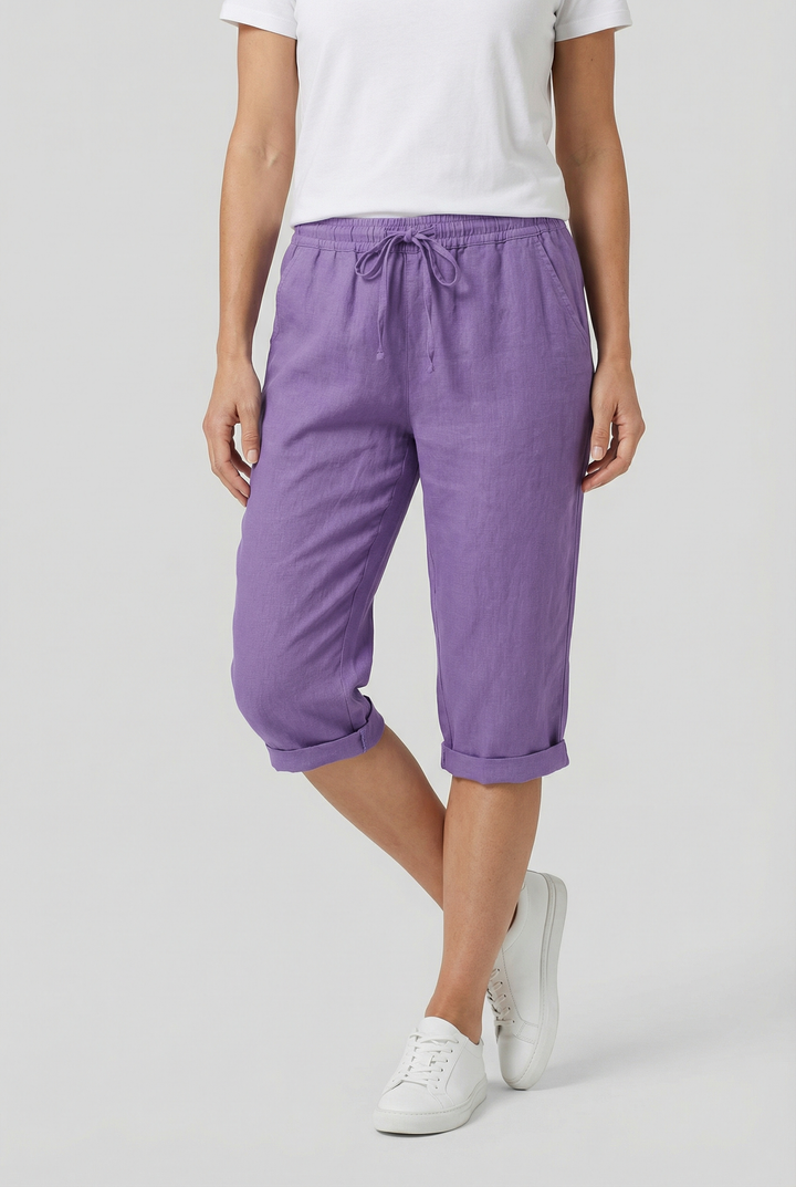 Full view of women's relaxed fit capri pants, elastic waist, pockets, perfect for casual summer days.