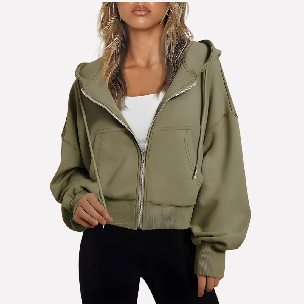 Women's relaxed fit cropped zip hoodie with drawstring. Perfect for casual everyday wear.