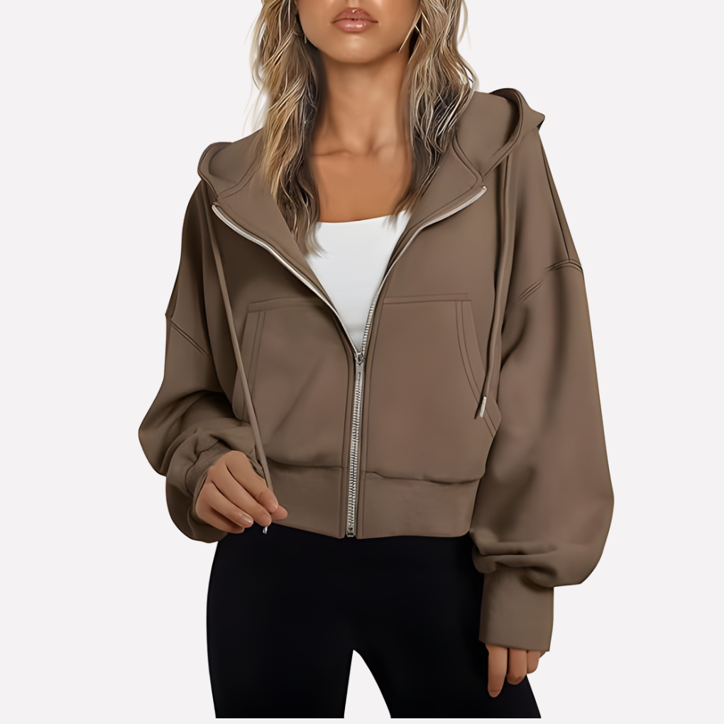 Women's versatile cropped zip-up. Relaxed fit drawstring jacket, perfect for athleisure or everyday outings.