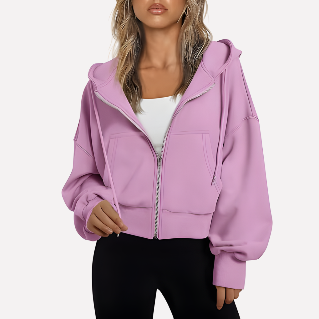Women's comfortable relaxed fit cropped drawstring jacket. Zip-front closure, ideal for stylish casual wear.