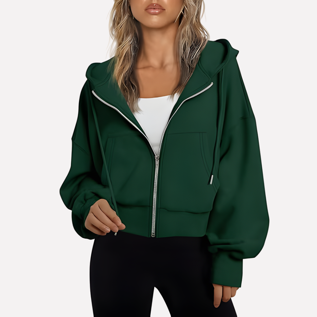 Stylish women's zip-up cropped jacket. Relaxed fit with a practical drawstring, great for layering.