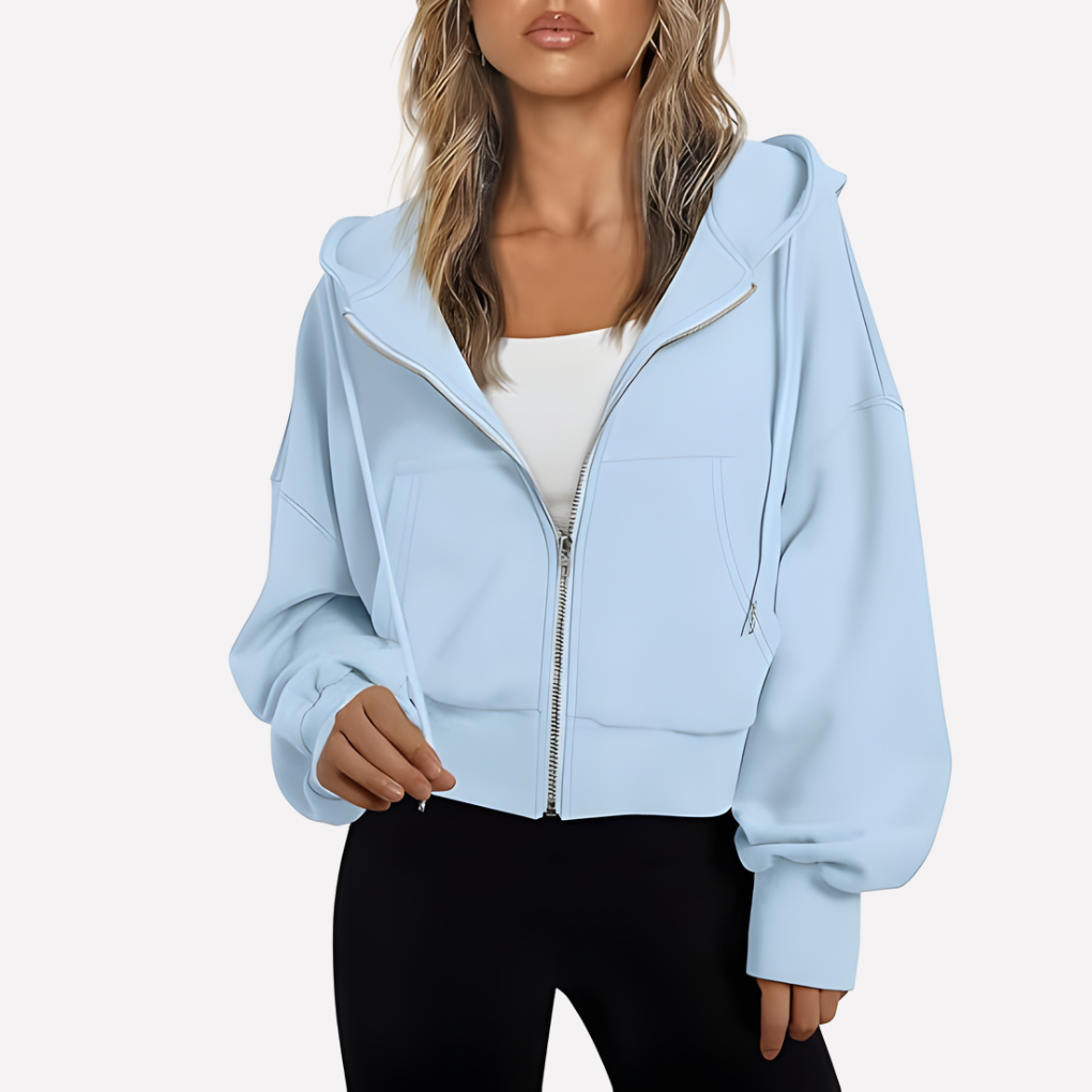 Comfortable women's relaxed fit cropped hoodie. Full zip-front and drawstring make it perfect for casual style.