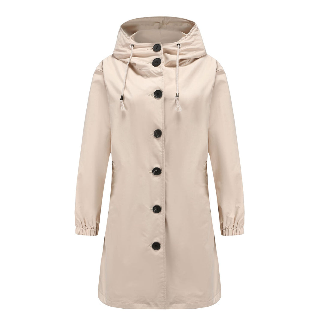 Women's relaxed fit drawstring hooded coat in a neutral color, perfect for casual winter layering.