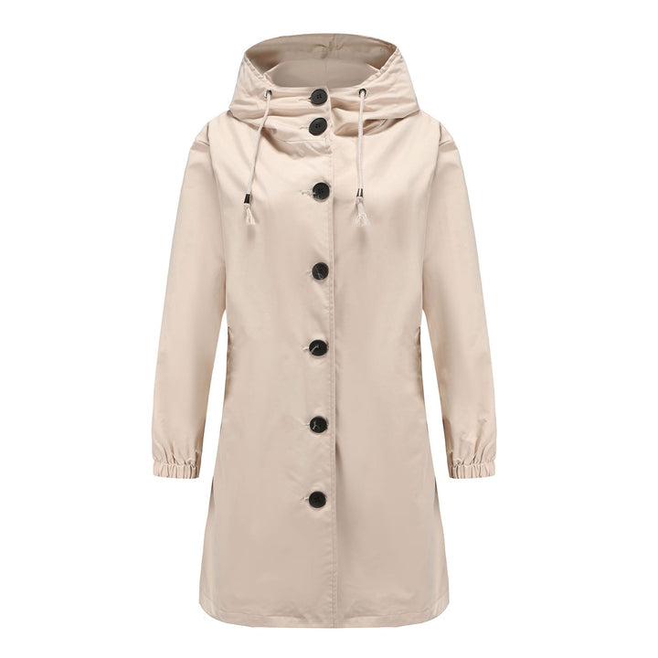 Women's relaxed fit drawstring hooded coat in a neutral color, perfect for casual winter layering.