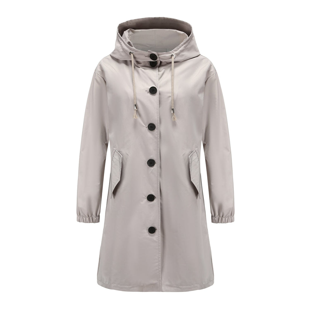 Fashionable women's outerwear: long sleeve relaxed fit hooded coat with adjustable drawstring.