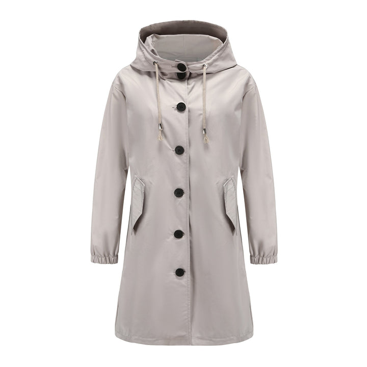 Fashionable women's outerwear: long sleeve relaxed fit hooded coat with adjustable drawstring.