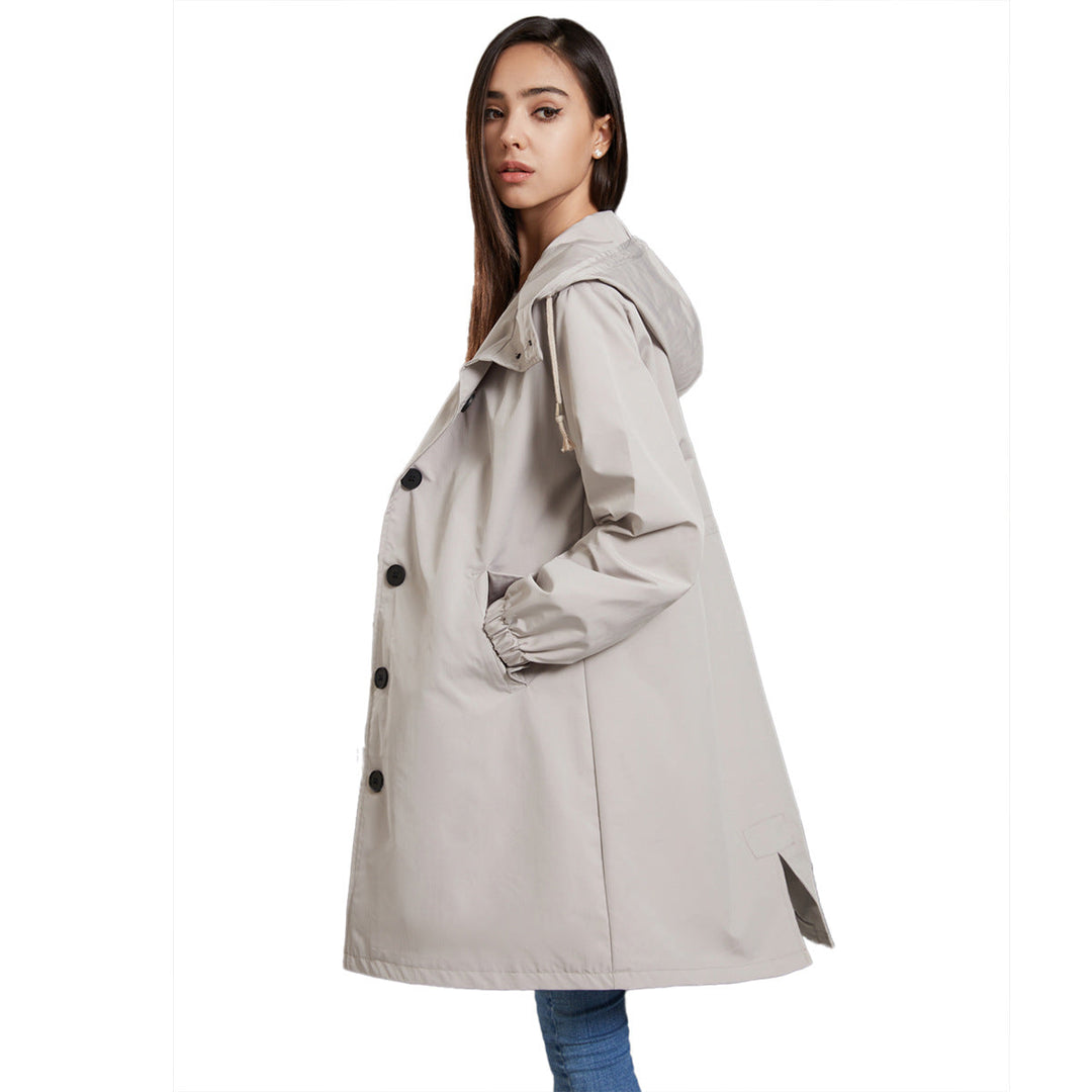 Front view of women's relaxed fit drawstring hooded coat, showcasing its comfortable and casual design.