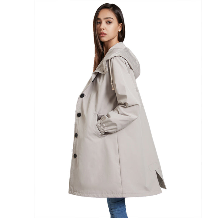 Front view of women's relaxed fit drawstring hooded coat, showcasing its comfortable and casual design.