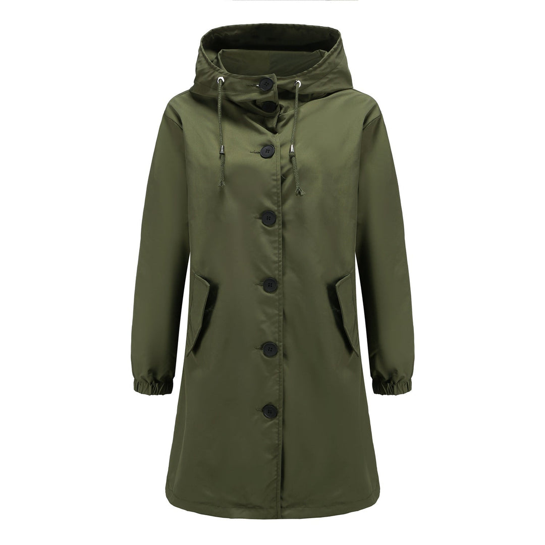 Side profile of a women's relaxed fit hooded coat, highlighting the spacious fit and drawstring hood.