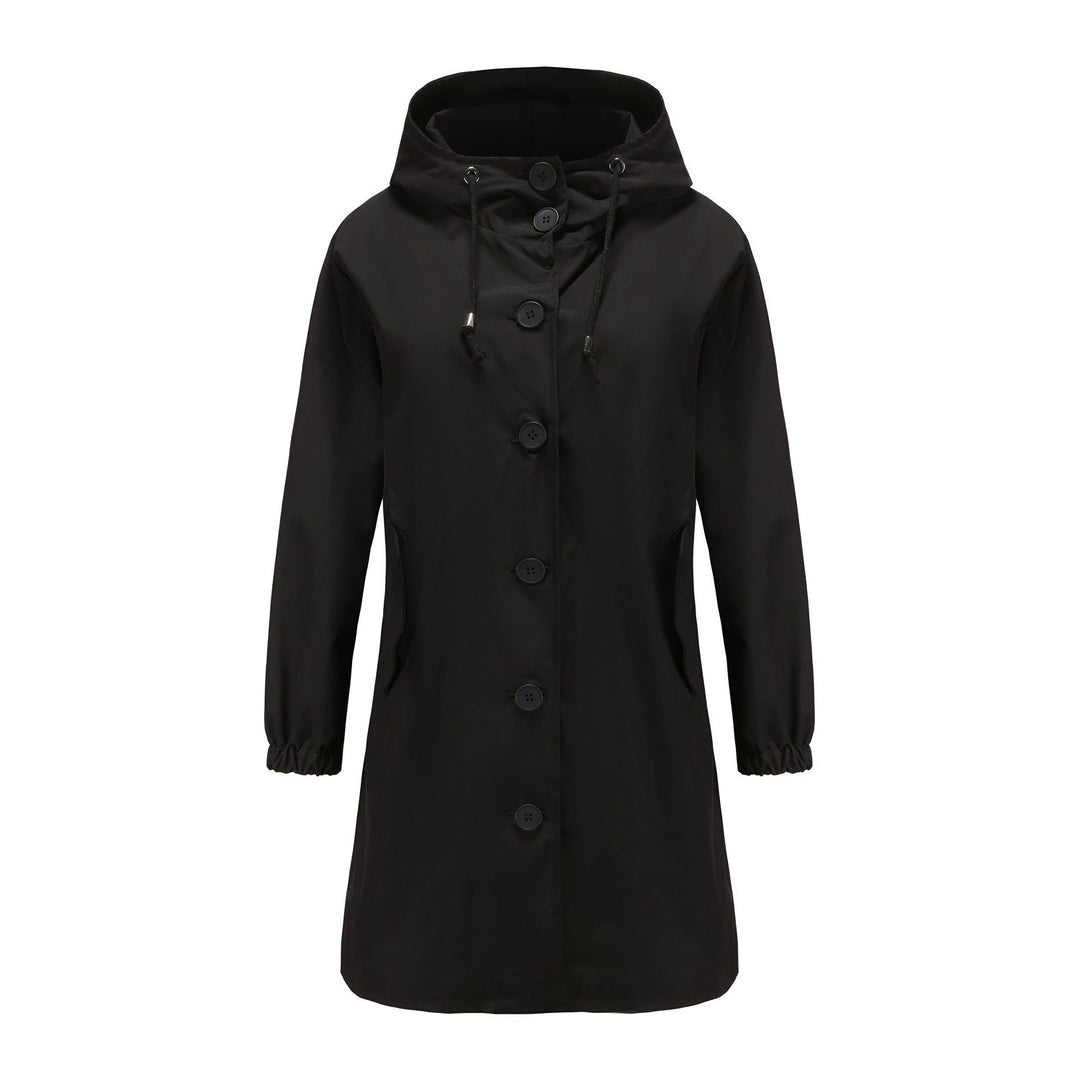 Close-up of the drawstring hood on a women's relaxed fit winter coat, a key functional detail.