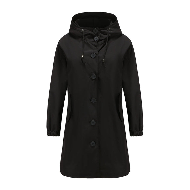 Close-up of the drawstring hood on a women's relaxed fit winter coat, a key functional detail.