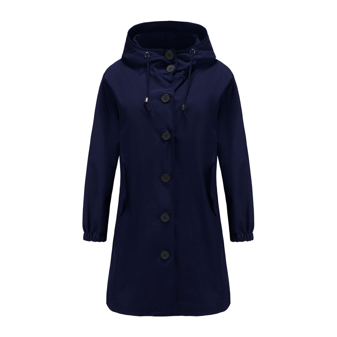 Stylish women's hooded coat, relaxed fit with drawstring, ideal for layering in cold weather.