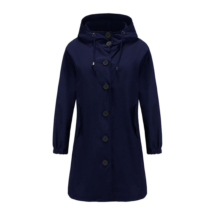 Stylish women's hooded coat, relaxed fit with drawstring, ideal for layering in cold weather.