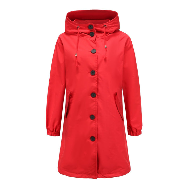 Versatile women's outerwear: long sleeve relaxed fit hooded coat with a practical drawstring feature.