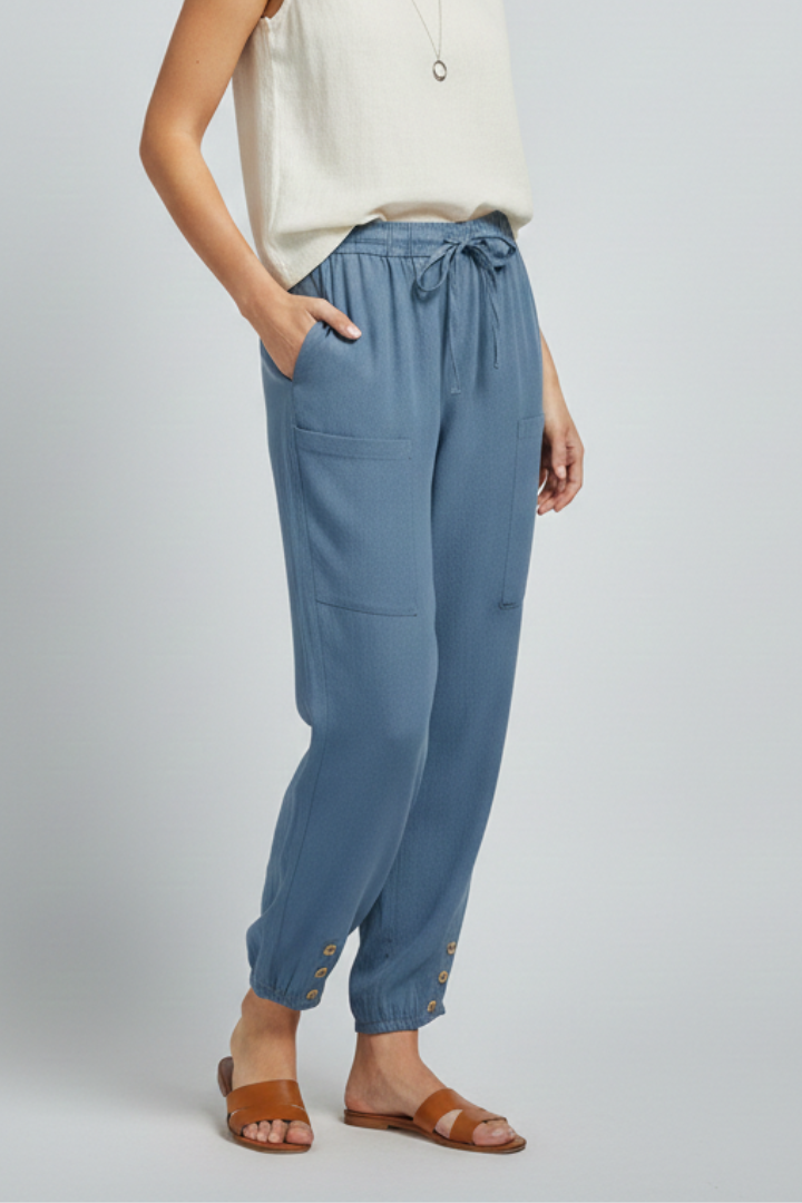 Versatile ladies bottoms: women's drawstring waist pants with decorative button hem.