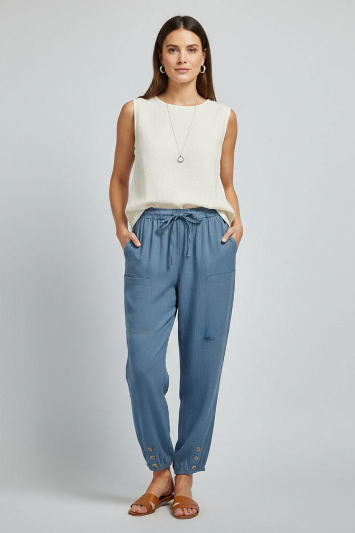 Comfortable women's trousers; drawstring waist, button hem, perfect for casual wear.