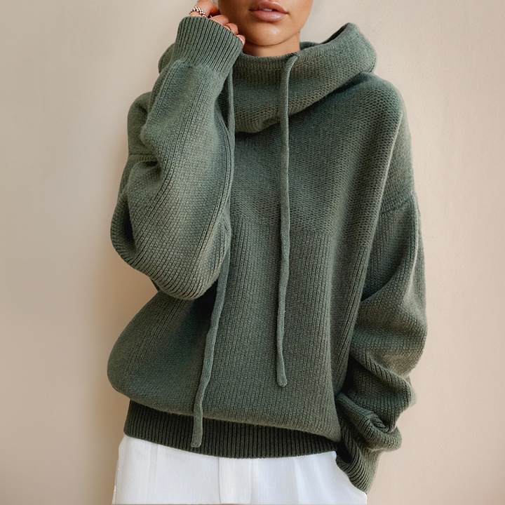 Women's relaxed fit knit cowl neck hoodie in cream, perfect for casual fall and winter loungewear.