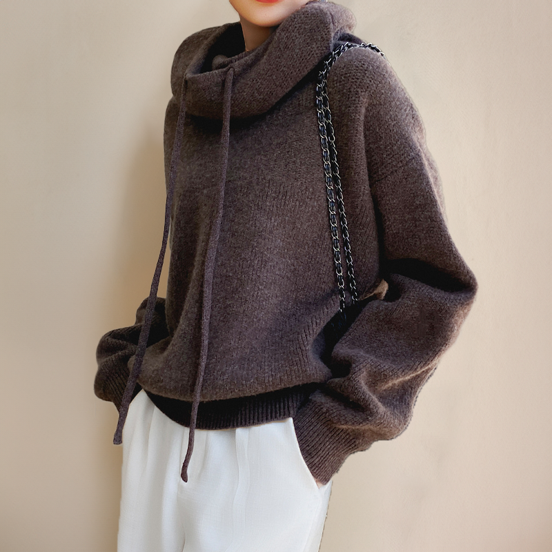 Fashionable women's knit hoodie with a unique cowl neck design, ideal for everyday casual wear.