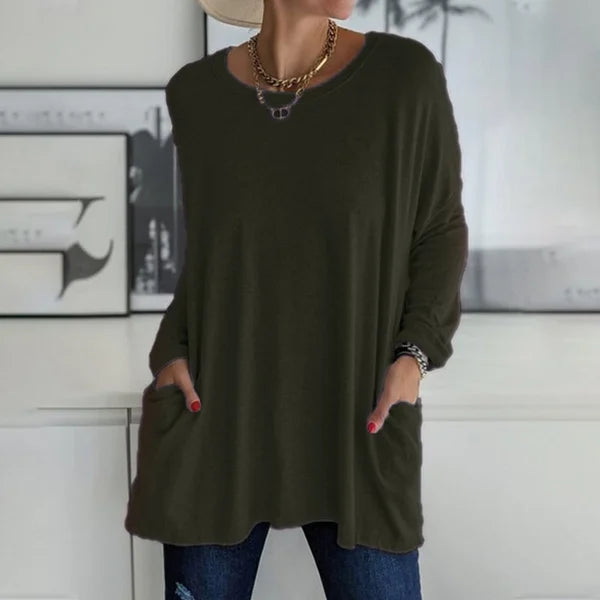 Women's relaxed fit long sleeve top in a subtle striped pattern, adding interest to casual outfits.
