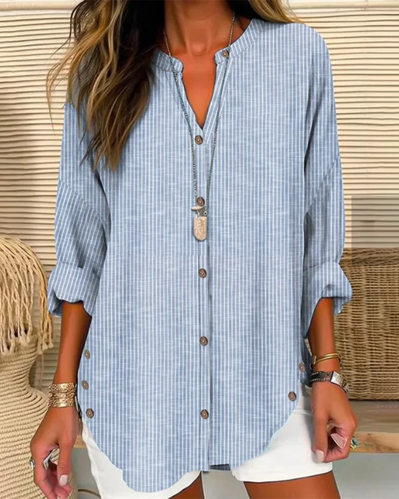 Women's relaxed fit striped button blouse in blue and white, perfect for summer casual wear.