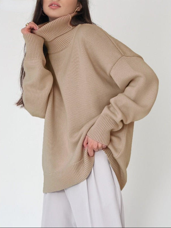 Versatile women's relaxed turtleneck sweater in black, a timeless piece for spring casual wear