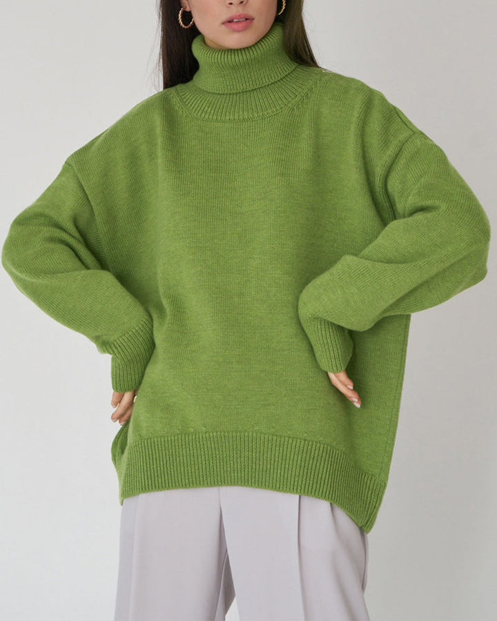 Profile view of a woman showcasing a relaxed fit turtleneck spring sweater and casual style