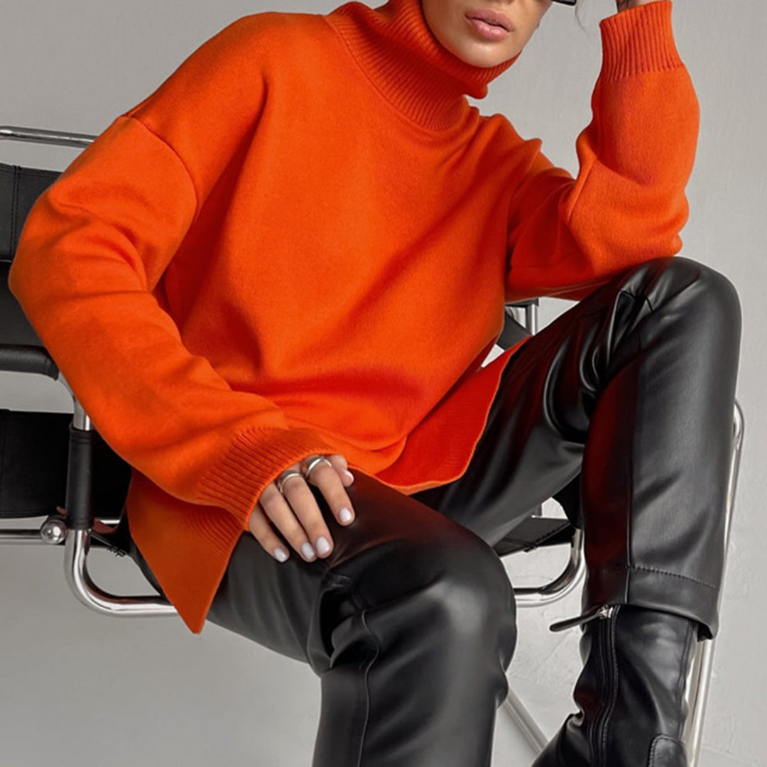 Versatile women's long sleeve turtleneck sweater, relaxed fit with elegant split hem, perfect for winter casual.