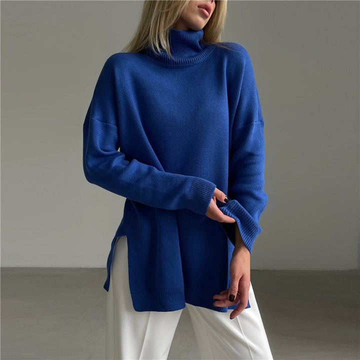 Soft women's relaxed fit turtleneck sweater, long sleeves & chic side splits. Comfortable & elegant winter wear.