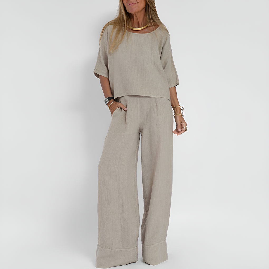 Women's relaxed fit two piece summer outfit with wide leg pants in a soft polyester blend for casual wear