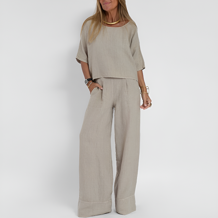 Women's relaxed fit two piece summer outfit with wide leg pants in a soft polyester blend for casual wear