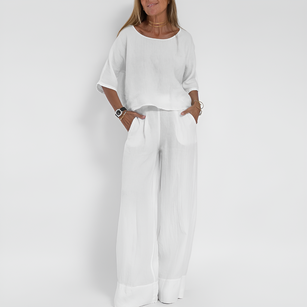 Casual women's two piece set with wide leg pants and a relaxed fit top, perfect summer style