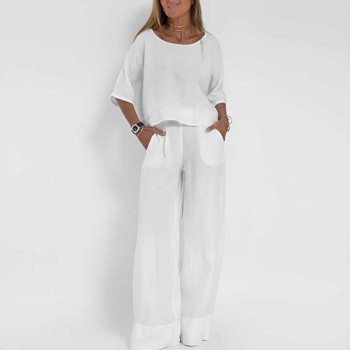 Casual women's two piece set with wide leg pants and a relaxed fit top, perfect summer style