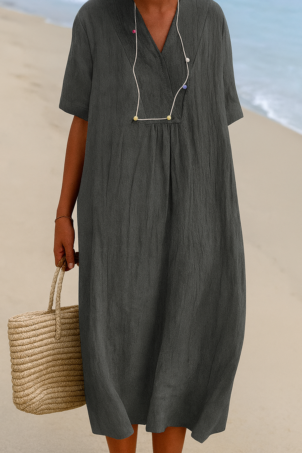 Women's relaxed fit V-neck beach dress, short sleeve, lightweight, perfect summer vacation outfit