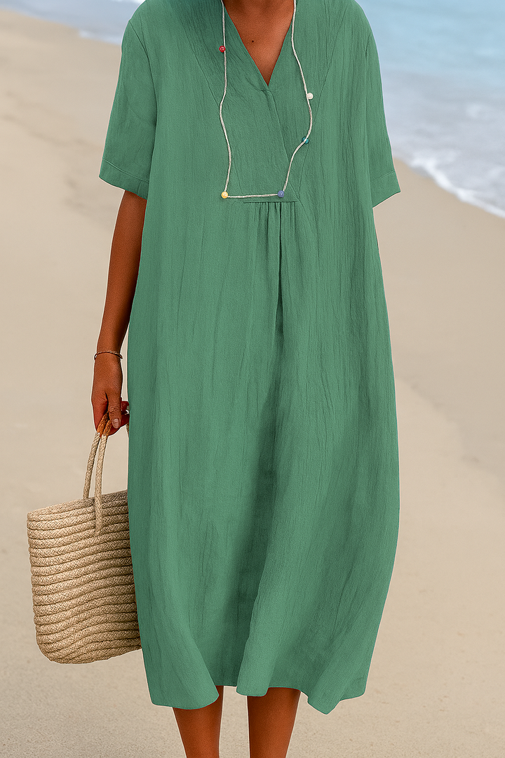 Casual women's resort wear V-neck summer dress in a relaxed fit, ideal for beach days