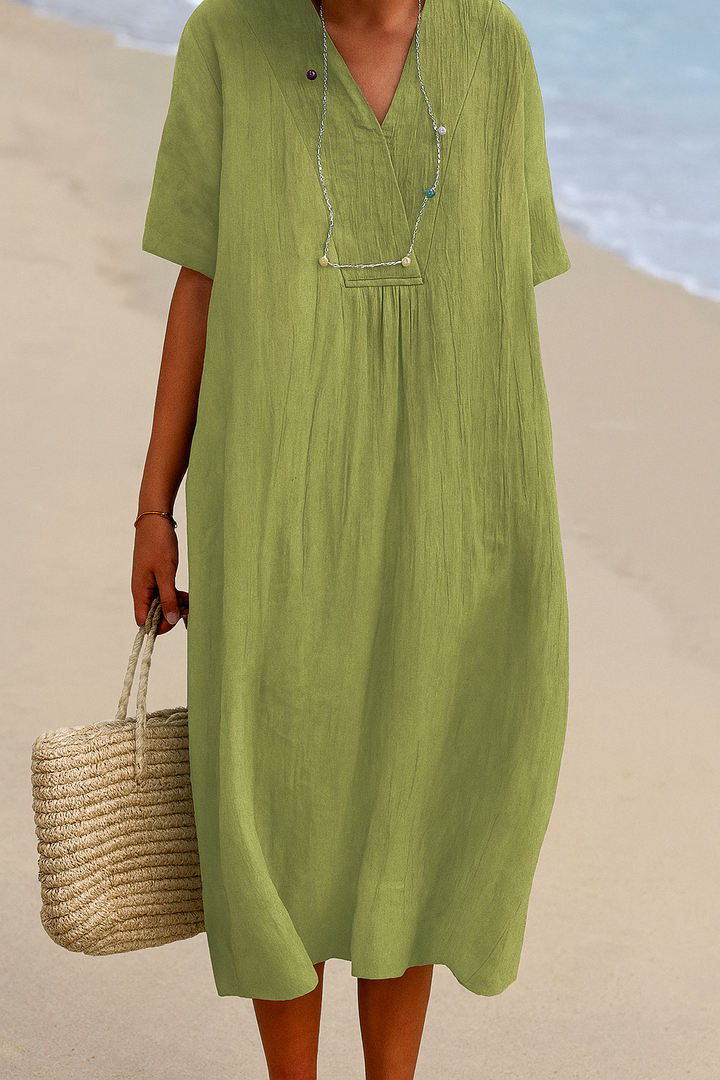 Lightweight short sleeve V-neck summer dress for women, relaxed fit, stylish beachwear
