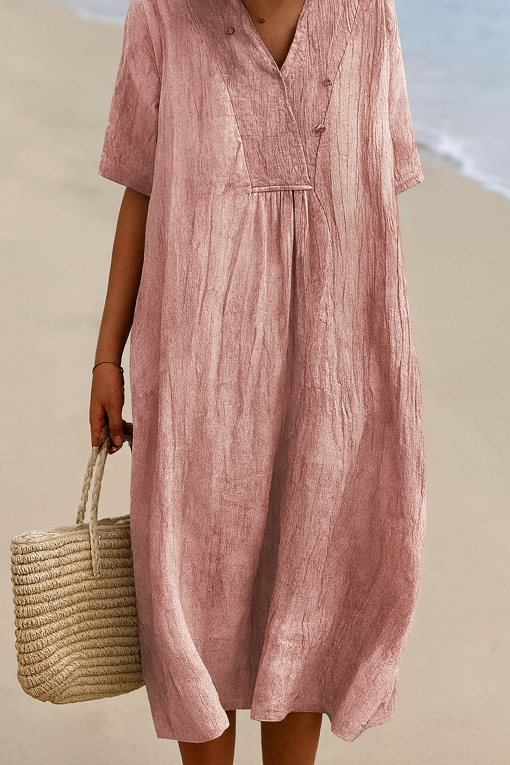 New3 women's V-neck beach dress with relaxed fit and short sleeves, great for vacation