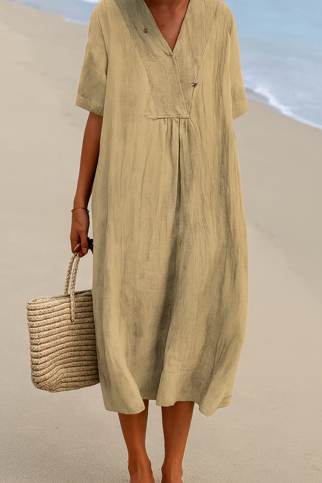 Comfortable women's summer dress, V-neck, relaxed fit, perfect as a beach cover-up or casual wear