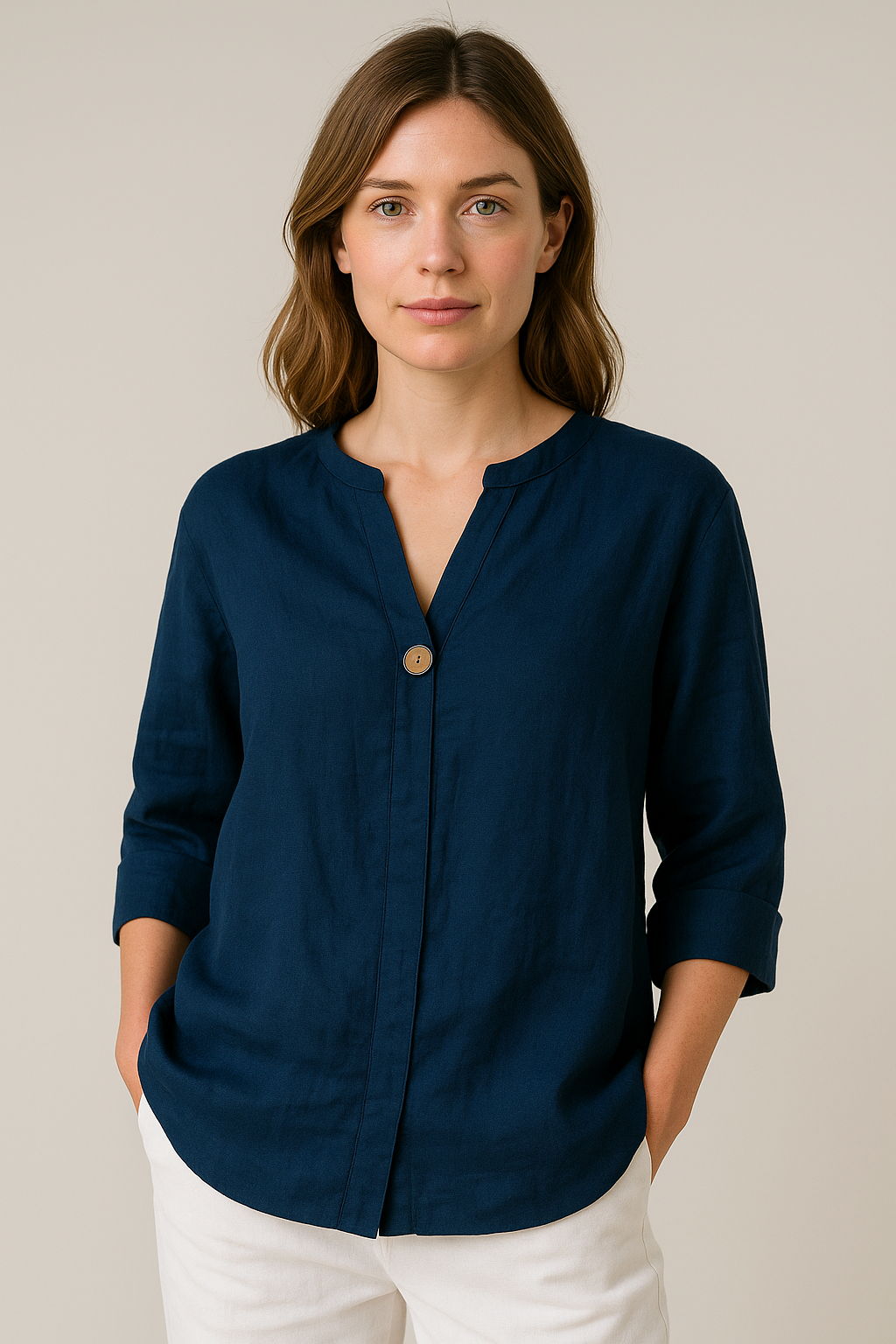 Fashionable women's lightweight V-neck blouse with front button accents, ideal for versatile styling.