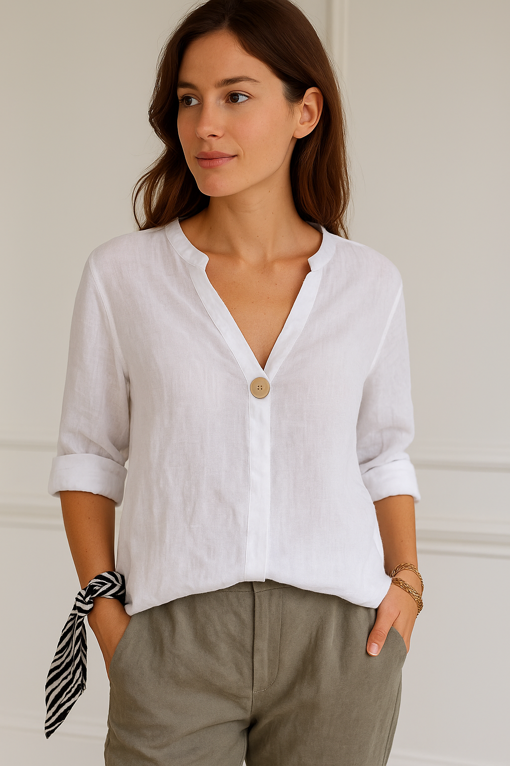 Casual women's summer top: a comfortable relaxed fit V-neck blouse featuring stylish buttons.